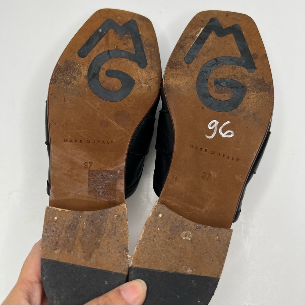 M. Gemi Black Leather Mule Slides with Gold Chain Accent - Picture 11 of 15